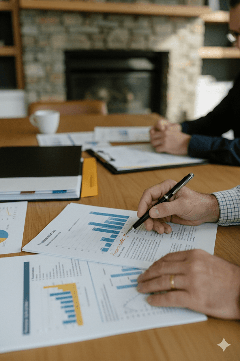 Reviewing business financials at the table